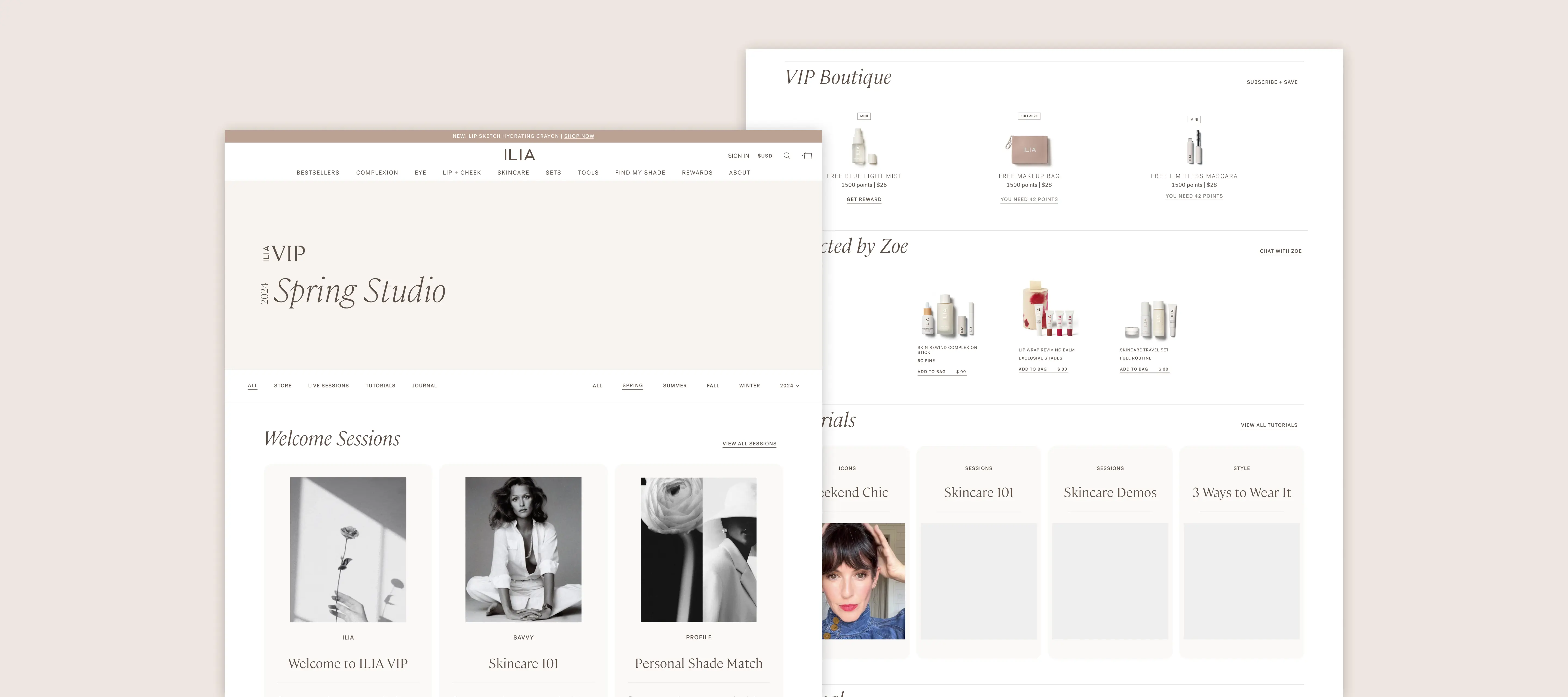 ILIA VIP loyalty platform — onboarding flow and member dashboard UI.